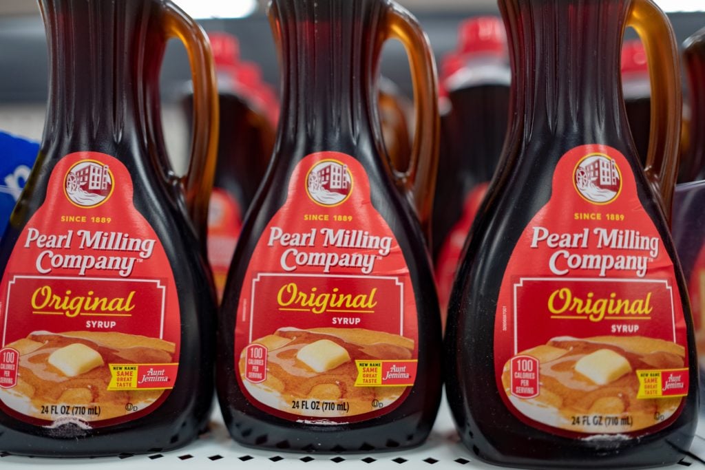 Close-up of Pearl Milling Company products in a retail setting, following the rebranding of Aunt Jemima brand products by parent company Quaker Oats due to concerns about racial imagery, Monterey, California, September 2, 2021.
