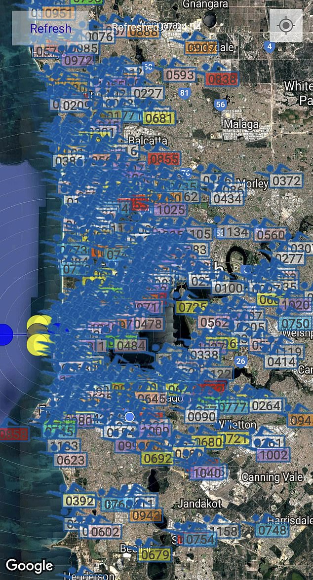 The app image showed clusters of numbered individuals, teams and support crews on a map scattered across Perth (pictured), Australia and other countries after competitors had left the event
