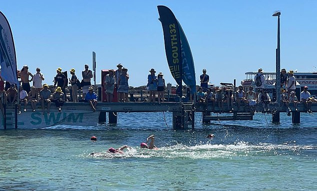 More than 2,500 swimmers had entered the Cottesloe to Rottnest Island race (pictured) including competitors from 10 countries