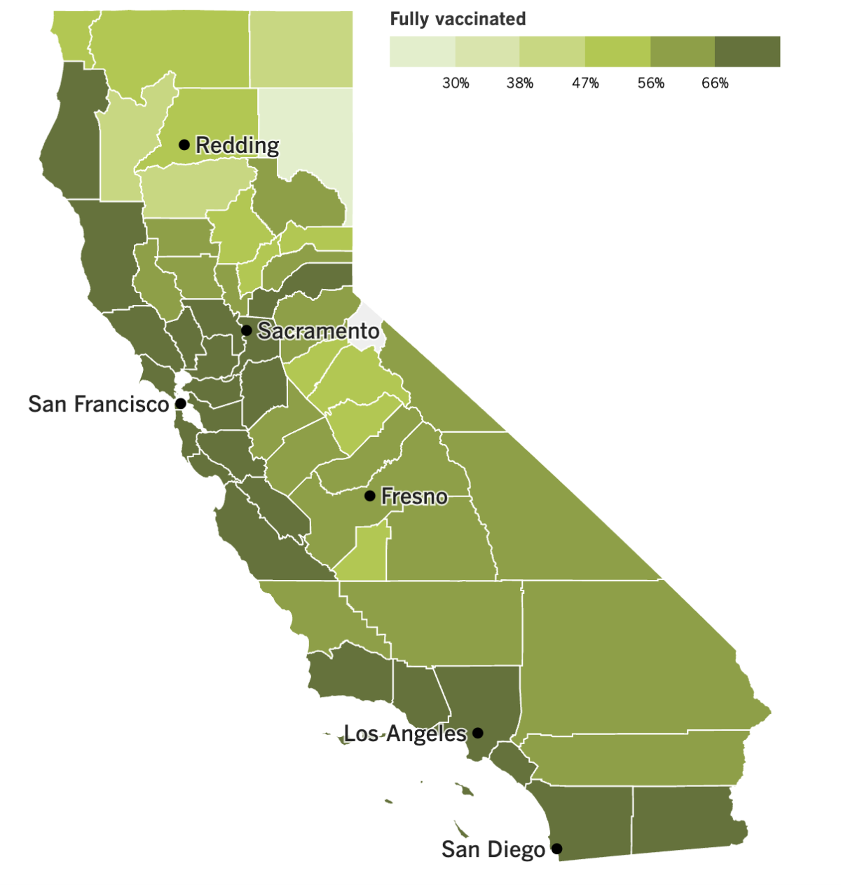 A map showing California's COVID-19 vaccination progress by county as of March 21, 2023.