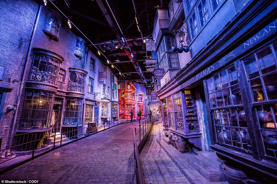Above is Diagon Alley, a permanent fixture at Warner Bros. Studio Tour London – The Making of Harry Potter
