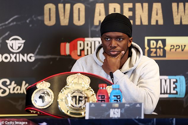 KSI looks on during a press conference ahead of the fight between himself and Joe Fournier