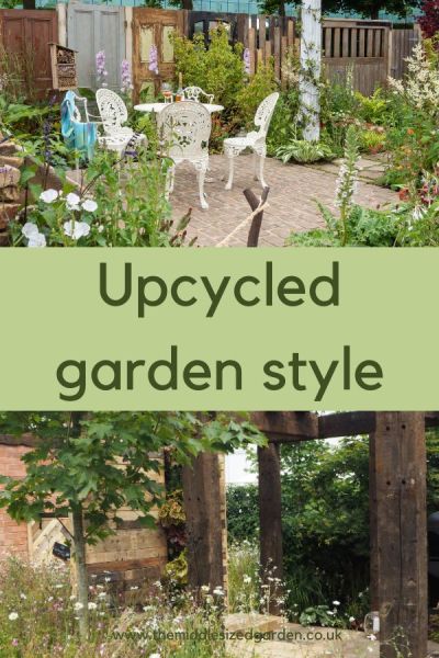 Two show gardens featuring upcycled and recycled hard landscaping and furniture.