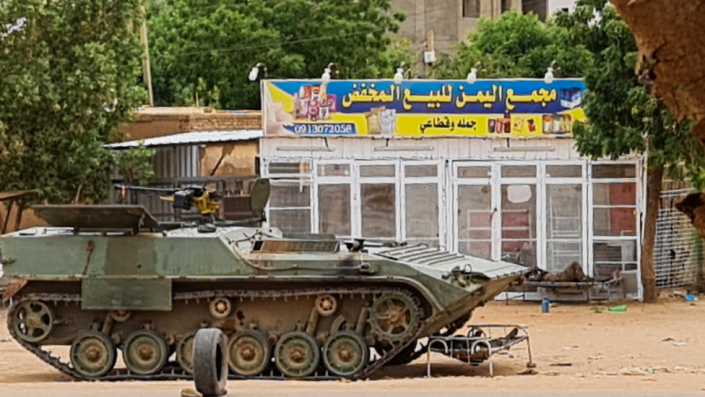 A Sudanese army vehicle at a checkpoint in Khartoum. Photo: 30 April 2023