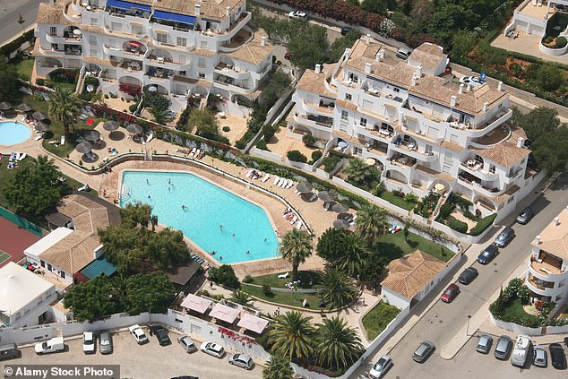 Pictured is an aerial view of the Ocean Club apartments and tapas bar, Praia da Luz, Portugal where Madeleine McCann disappeared in 2007