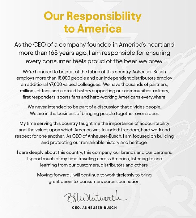 CEO of Anheuser-Busch Brendan Whitworth issued this public statement two weeks into the controversy