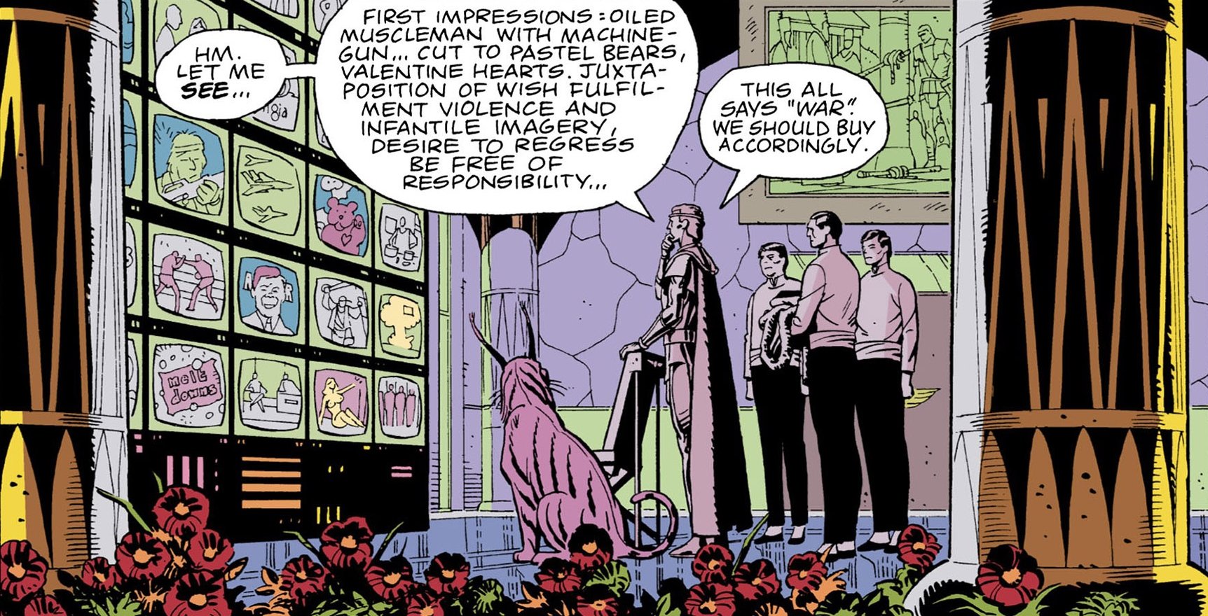 Ozymandias from Watchmen observing a wall of monitors