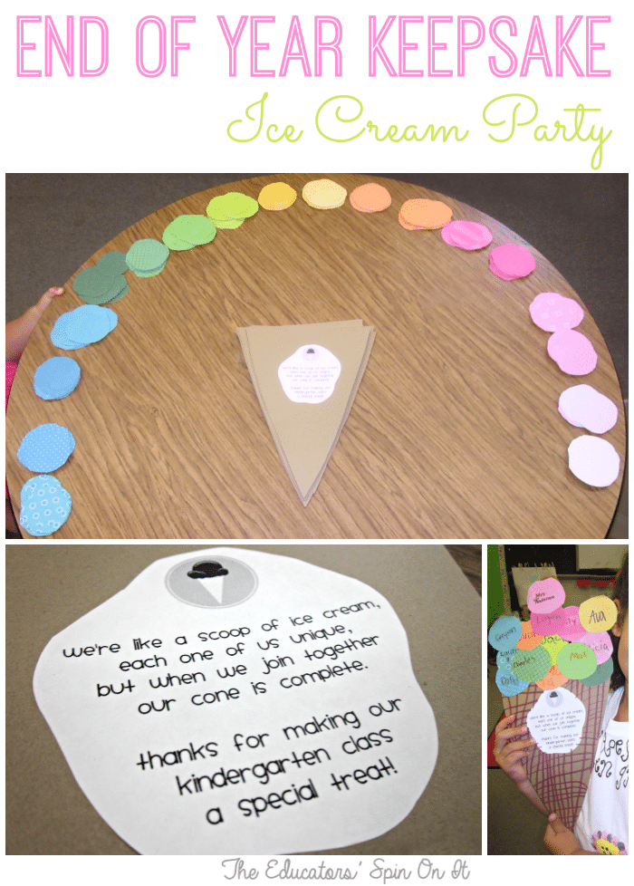 Preschool graduation ideas can include the whole class like this ice cream project. Circles of scrap paper are laid out in the top picture to be the scoops of the ice cream. The bottom left picture has a poem about how each person in the class is unique like scoops of ice cream. The bottom right shows the completed ice cream cone.