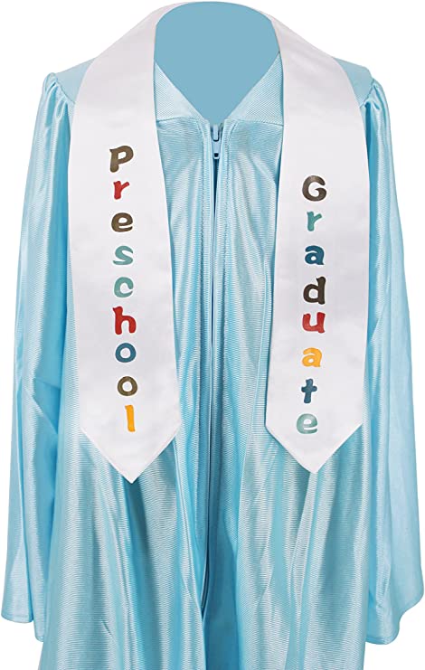 A blue gradutation robe is shown with a white stole with rainbow letters that say Preschool Graduate.