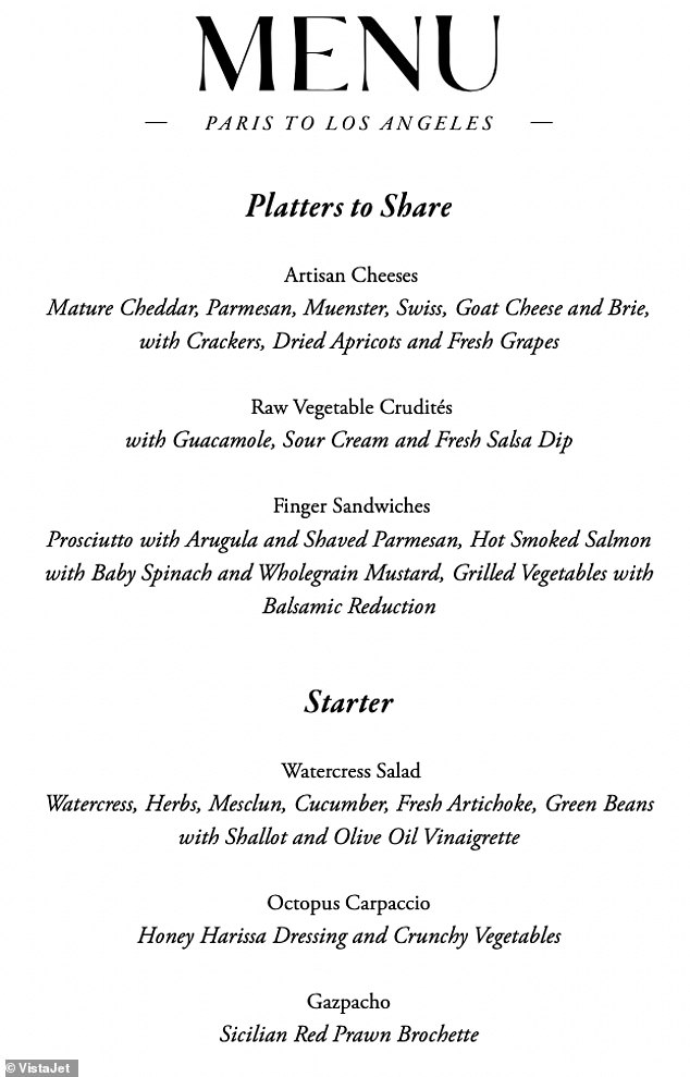 An example of a VistaJet menu that was offered on a Paris to Los Angeles flight