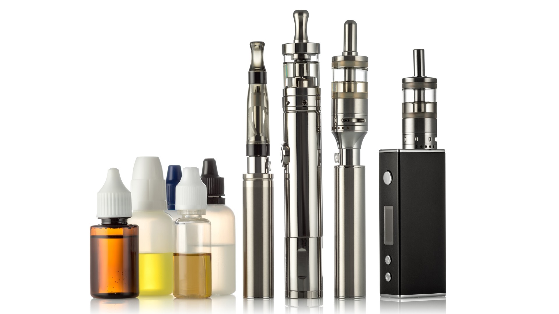Collection of 4 different electronic cigarettes/vape pens and 5 different bottles of vape liquid on a white background.