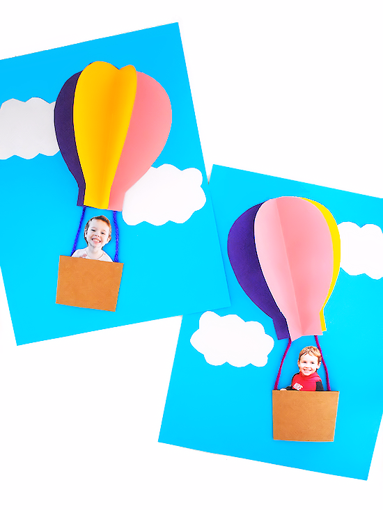 Preschool graduation ideas include cute crafts like this hot air balloon on blue paper. A photo of the student is inside the hot air balloon.