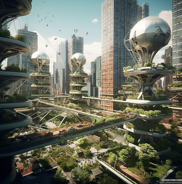 New York City: The cities of the future will be greener places, with vertical farms producing food (Midjourney)