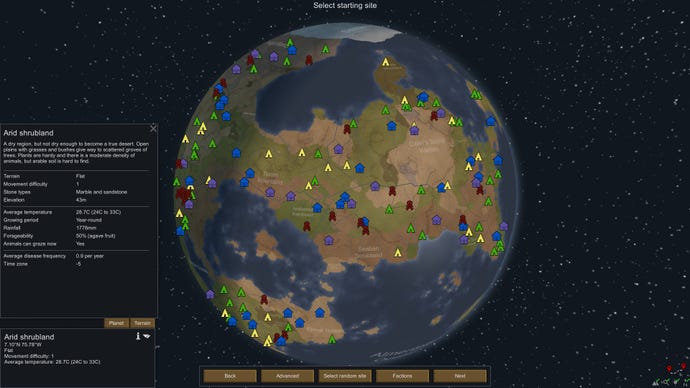 A planet view of several settlements in Rimworld