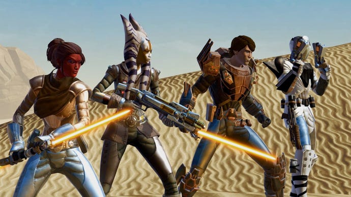 Four Jedi warriors stand in a desert in Star Wars: The Old Republic