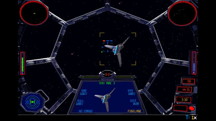 A ship is being targeted from within a TIE Fighter cockpit in Star Wars: TIE Fighter
