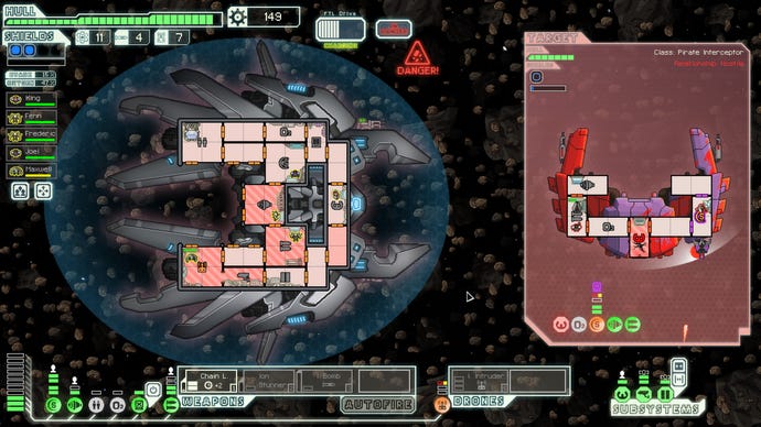 A top down view of a crab-like spaceship in FTL: Faster Than Light
