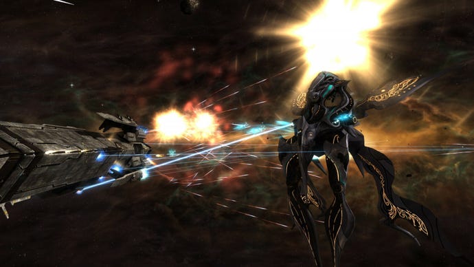 A battleship fights a large angelic creature in space in Sins Of A Solar Empire
