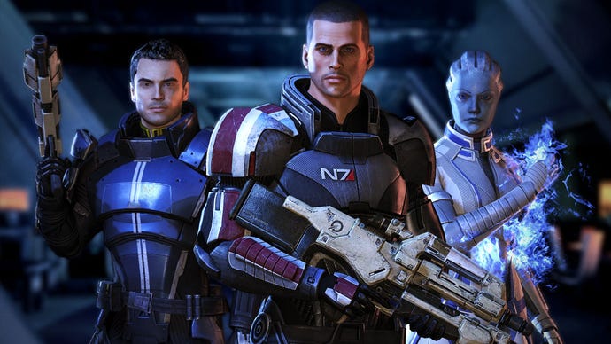 Shepherd with a squad in a Mass Effect 3 screenshot.
