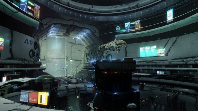 An air hangar with a spaceship flying through the centre in Eve Online