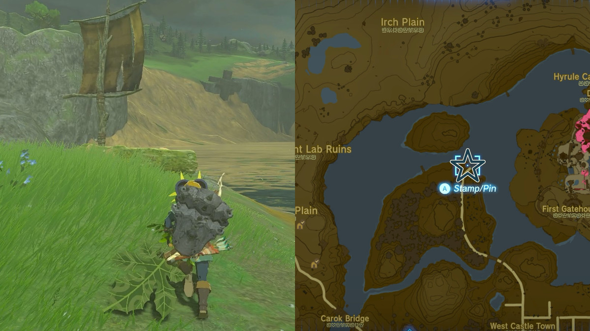 Hylian Shield boat location beside the castle moat in The Legend of Zelda: Tears of the Kingdom