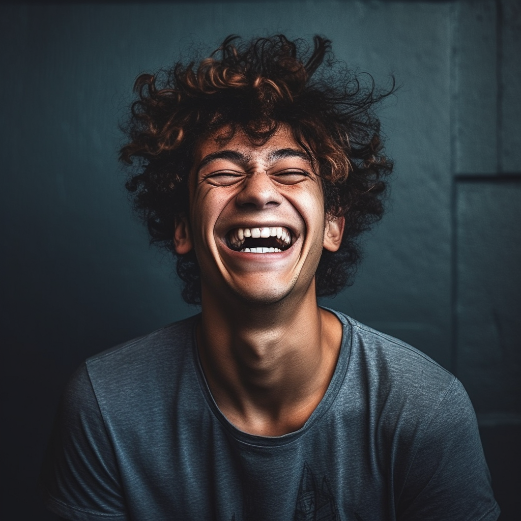 Man with curly hair and blue t shirt laughing 