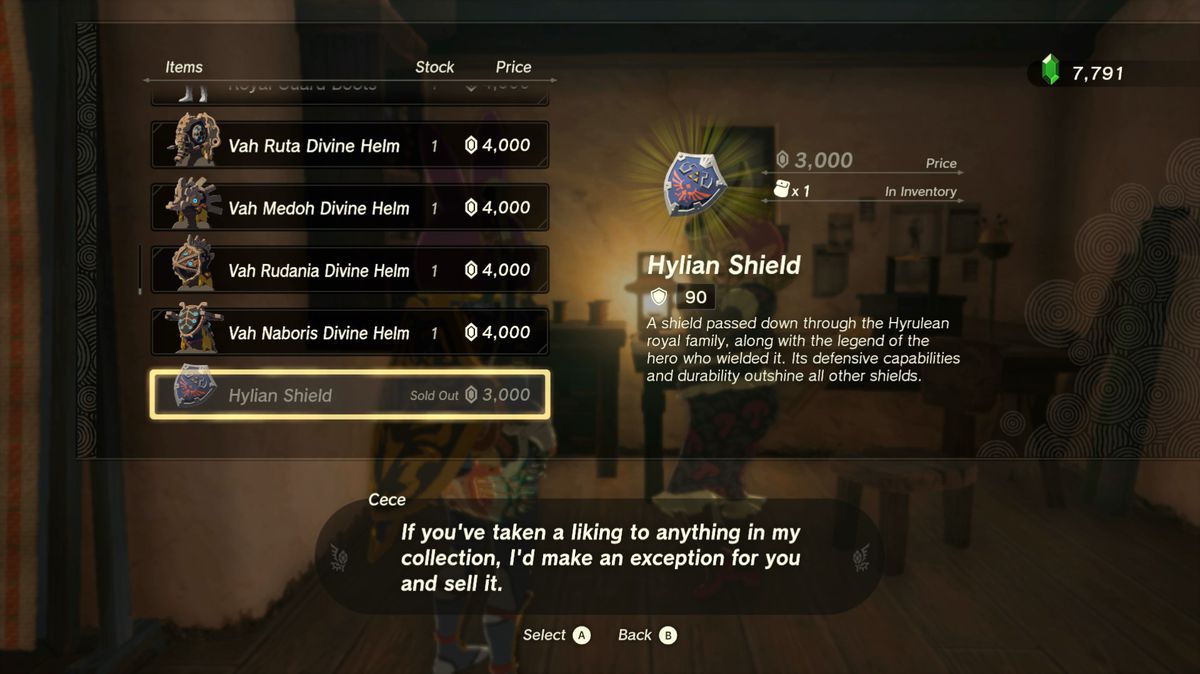 A shop menu of Cece’s store in Hateno Village in Tears of the Kingdom, showing how you can buy a Hylian Shield for 3,000 rupees.