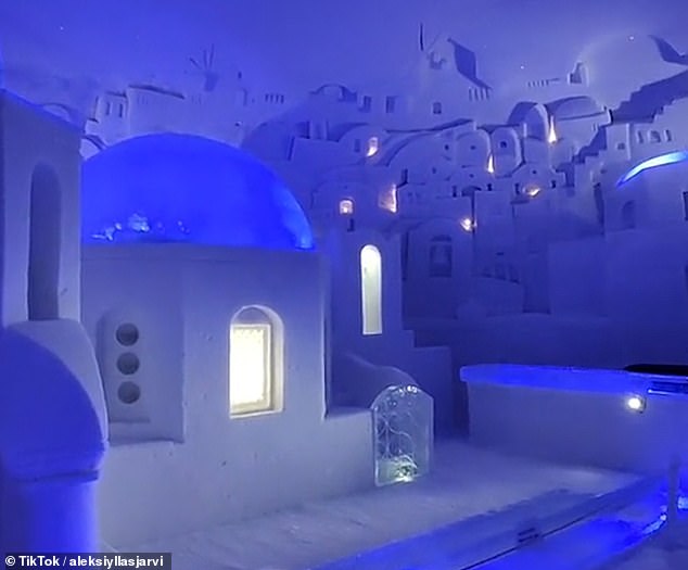 A replica of Santorini's iconic dome-roofed village, which Aleksi helped make from snow
