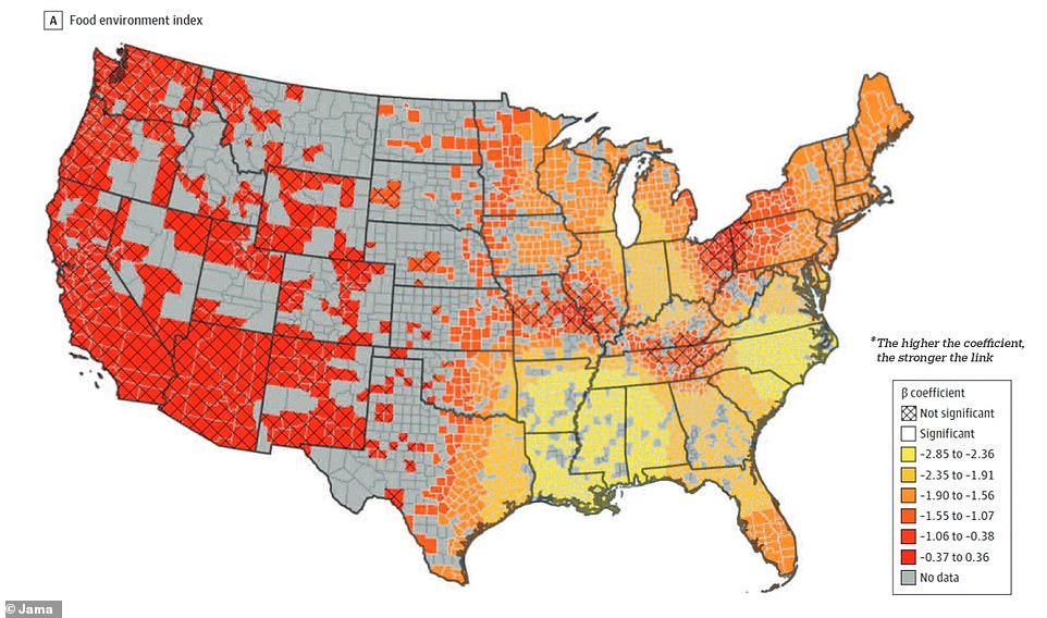 In the south and east, whose counties are colored in shades of yellow and orange, the association between access to nutritious food and breast cancer death rates is represented by a coefficient range of −1.55 to −2.85, while the west's coefficient fell between -1.07 to -0.36. However, the map shows pockets in Ohio, Pennsylvania, Tennessee, and Kentucky where the relationship between the two is stronger than the region overall