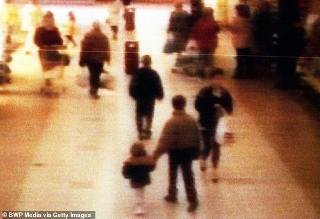 A surveillance camera shows the abduction of two-year-old James Bulger from the Bootle Strand shopping mall on February 12 1993