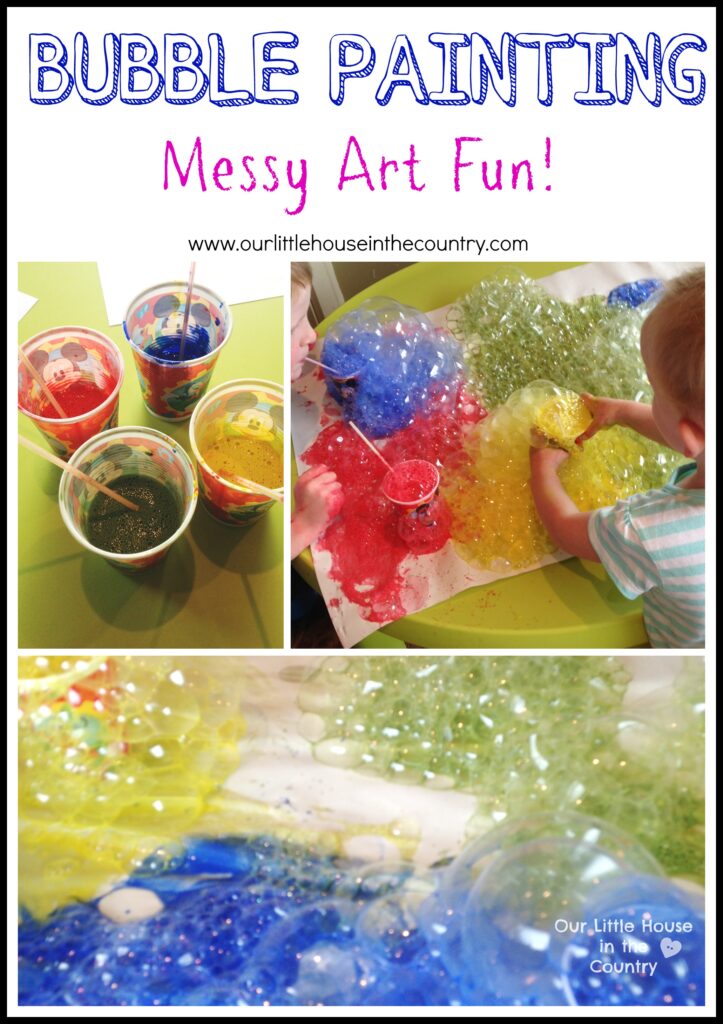 Three pictures are shown. The top left shows three cup filled with bubbles and paint, the second one shows a child's hands making bubble paint, and the third shows the finished product. Example of easy crafts for kids.