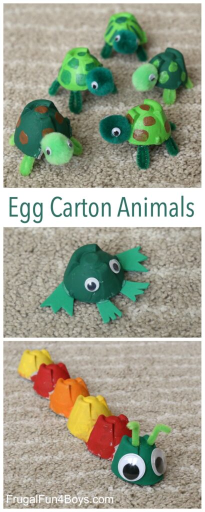 Turtles and a caterpillar are constructed from upside down egg carton pieces.