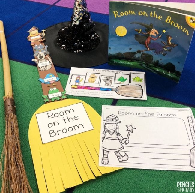 Room on the Broom book with construction paper broom and printable worksheets