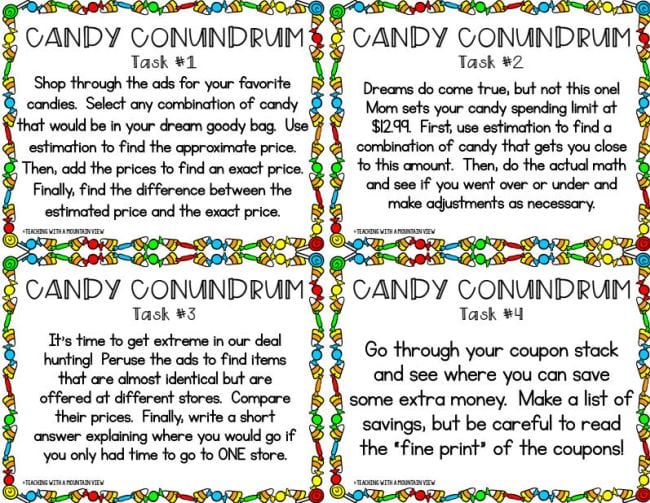 Candy Conundrum tasks cards for comparison shopping candy