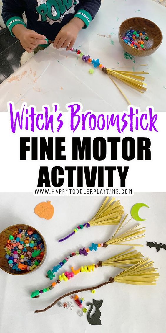 Text reads "Witch's Broomstick Fine Motor Activity" There are several small broomsticks with beads being laced onto them (Halloween Activities)