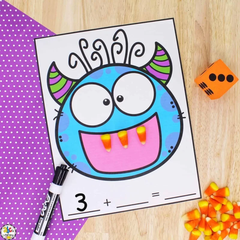 monster addition game that uses cards and candy corn for a halloween activity