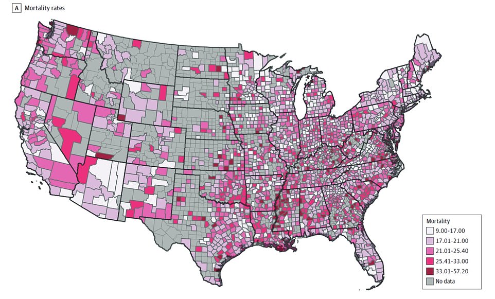 Counties are colored in shades of purple. The researchers' work showed not only which states have higher breast cancer death rates, but also those rates in individual counties. Alabama, for instance, is an example of significant county-by-county variation. The northern part of the state showed more variation in mortality rates than the southern region