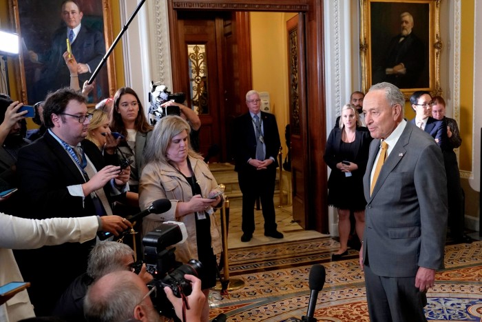 US Senate majority leader Chuck Schumer of New York speaks to the media on Capitol Hill. 