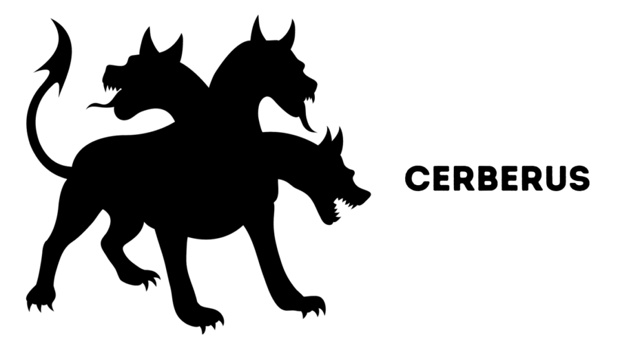 graphic of three-headed dog, Cerberus from Greek mythology