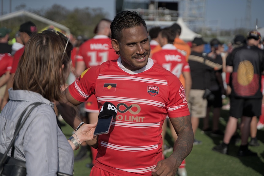 rugby league player Ben Barba being interviewed after a game