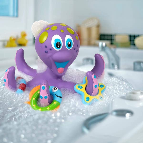 Nuby Floating Purple Octopus with 3 Hoopla Rings Interactive Bath Toy - Award winner best toy for two year olds
