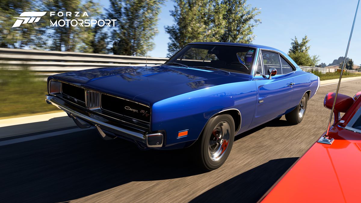A classic Dodge Challenger in a deep blue color cruises along in Forza Motorsport
