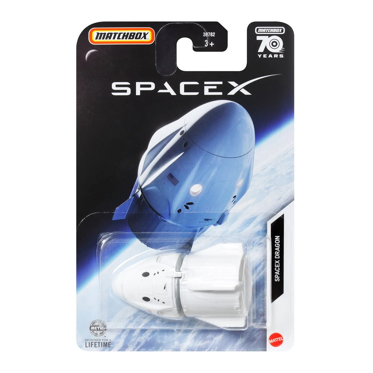 SpaceX's Dragon spacecraft with its expendable trunk module has been made into a Matchbox mainline die-cast toy.