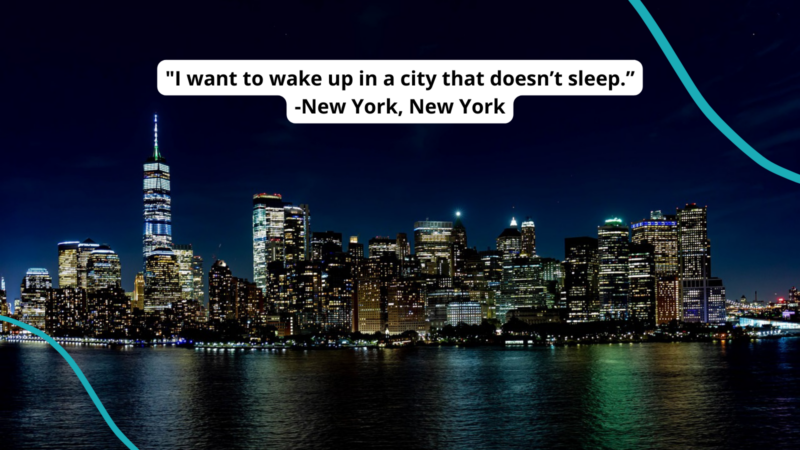New York City skyline at night. Text reads 