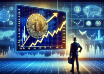 DALL·E 2024 01 18 13 36 21 Create an image depicting an economist standing in front of a large digital screen displaying a Bitcoin symbol reaching a peak value of 115000 then png