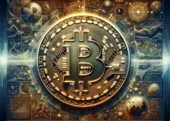 DALL·E 2024 01 24 09 29 49 A wide format intricate and detailed digital artwork of a Bitcoin symbol prominently featured in the center The Bitcoin symbol is embossed on a comp png
