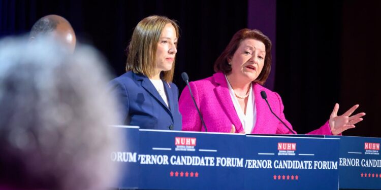 State Sen. Toni Atkins speaks during a Governor Candidate Forum in San Francisco alongside Lt. Gov. Eleni Kounalakis.