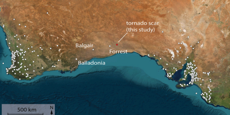 map of Australia's southwest coast with dots showing recorded tornadoes