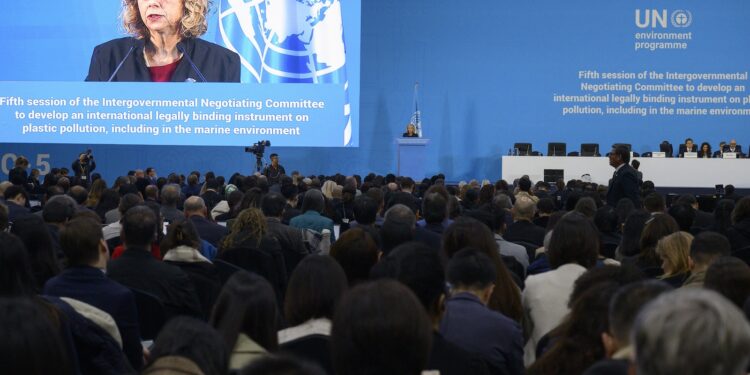 Inger Andersen, UNEP Executive Director, speaking at a lectern. Her image is projected onto a screen, and in the foreground is a large audience watching her.