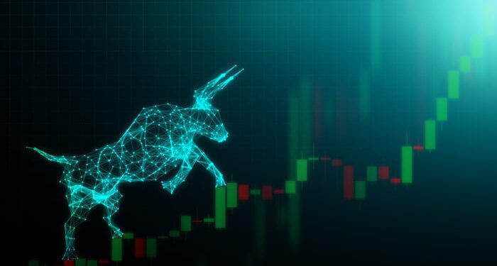 An abstract rendering of a bull climbing a candlestick chart.